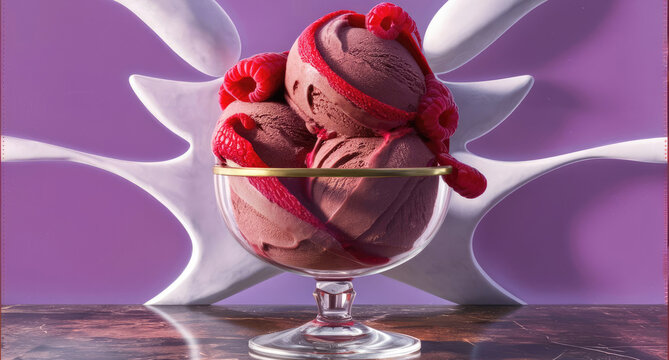 Velvety chocolate berry ice cream in a glass cup. Generative AI