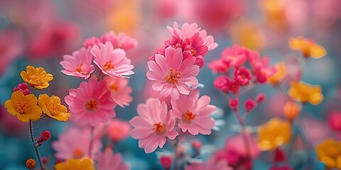 Canvas Print - Delicate Pink and Yellow Flowers in a Soft Focus