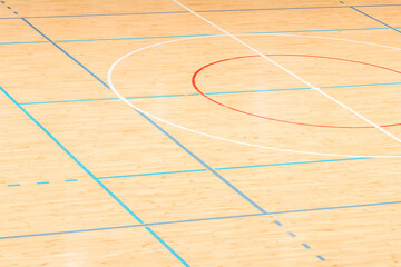 Wall Mural - Wooden floor basketball, badminton, futsal, handball, volleyball, football, soccer court. Wooden floor of sports hall with marking lines on wooden floor indoor, gym court