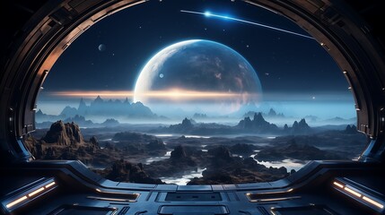 Wall Mural - observing a planet through a space ship window, showing atmosphere and beauty