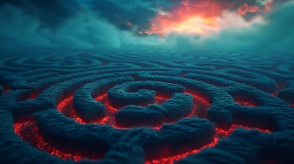 Wall Mural - A spiral of red and blue grass with a red glowing center