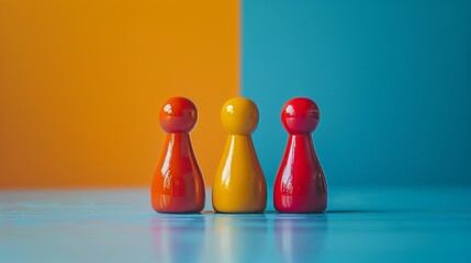 Wall Mural - Three wooden chess pieces are standing on a blue and orange background