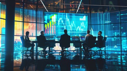 Poster - A group of investors discussing stock market graphs during a meeting in a modern office.