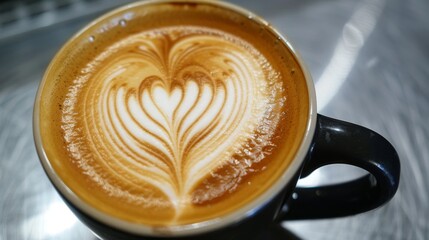Poster - A heart-shaped latte art design on a cup of coffee, with foam swirling elegantly on the surface.