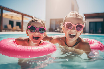 Two kids with pink sunglasses and floats having fun in a swimming pool, laughing and enjoying their time