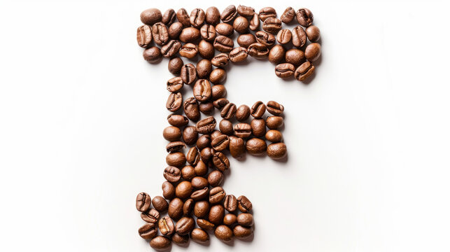 Coffee beans are arranged in the shape of the letter F on a white background.