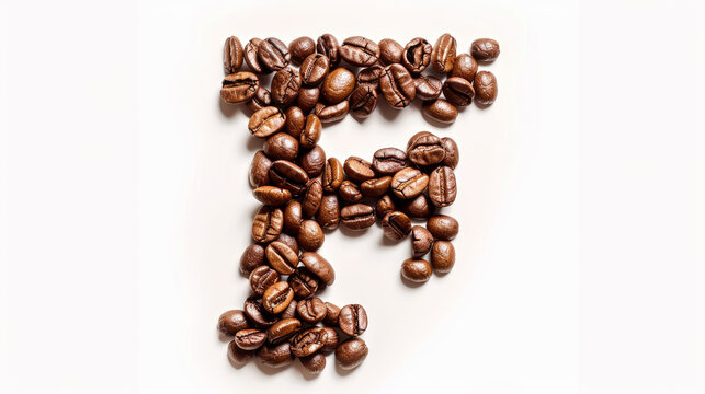 Coffee beans are arranged in the shape of the letter F on a white background.