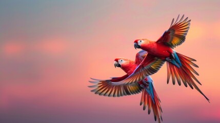 Poster - A pair of lovebirds flying together, their colorful plumage contrasting against a soft sunset sky.