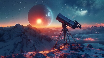Wall Mural - a telescope on a mountain, with a planet in the background