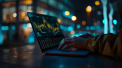 Poster - a person working late at night, analyzing financial graphs on a laptop.