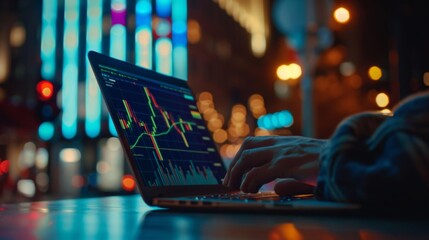 Poster - a person working late at night, analyzing financial graphs on a laptop.