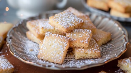 Poster - A plate of buttery shortbread cookies with a crumbly texture and dusted with powdered sugar.