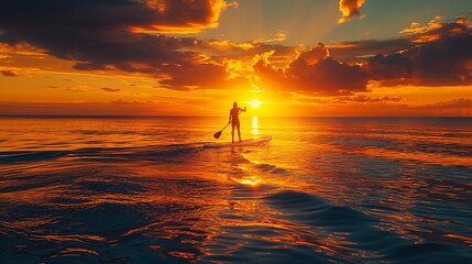 Wall Mural - Silhouetted Paddleboarder at Serene Ocean Sunset