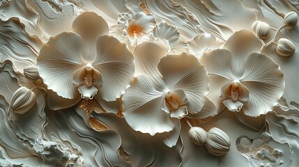 Wall Mural - Stucco relief of orchids in white and gold hues and their unique shapes