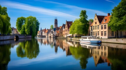 Wall Mural - Panoramic view of Bruges and the canal, Belgium