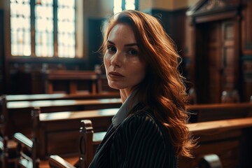 Portrait of woman with auburn hair in church pew, warm lighting.