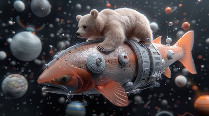 Wall Mural - A bear is riding a fish in space