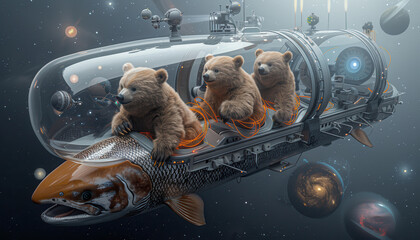 Wall Mural - Three bears are riding in a submarine