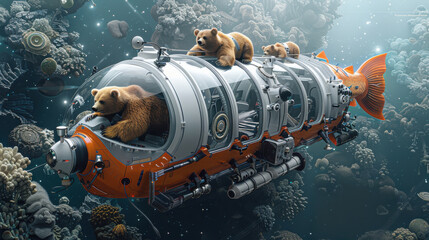 Wall Mural - A submarine with bears in it