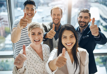 Poster - Happy portrait, business people and thumbs up for teamwork, project success and winning together in office. Staff solidarity, smile and like emoji hands for goal achievement, agreement and thank you