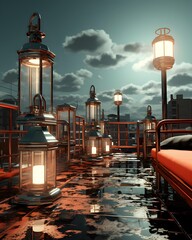 Wall Mural - Lanterns on the bridge over the river. 3d render