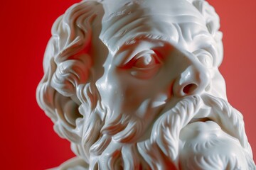 Powerful red background. Plato sculpture.