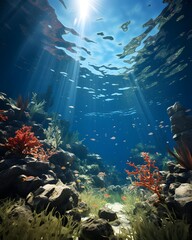 Wall Mural - Underwater view of coral reef and tropical fish. Seascape.