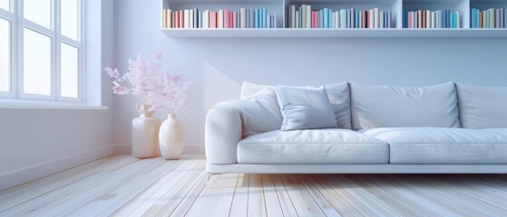 Wall Mural - A white couch sits in a room with a window and a bookshelf