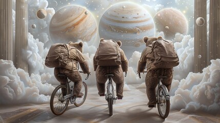 Wall Mural - three bears riding bikes in space