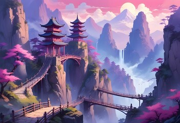 amine painting, A fantasy landscape with a suspension bridge connecting two towering cliffs. In the background, there are mountains shrouded in mist and a pagoda-style structure on a rocky outcrop. 