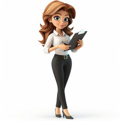 A 3D cartoon character of a professional lady with brown hair, wearing a white shirt and black pants, holding a clipboard.