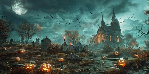 Wall Mural - Halloween Scene - Party Of Pumpkins And Zombies In Graveyard At Moonlight - Contain Moon 3D Rendering - Unrecognizable, Deformed And Church with Reassembled Parts - generative ai