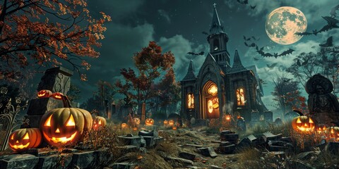 Wall Mural - Halloween Scene - Party Of Pumpkins And Zombies In Graveyard At Moonlight - Contain Moon 3D Rendering - Unrecognizable, Deformed And Church with Reassembled Parts - generative ai