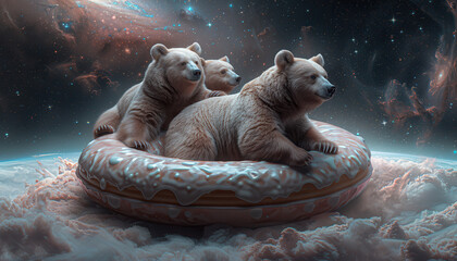 Wall Mural - Three bears are laying on a donut in space