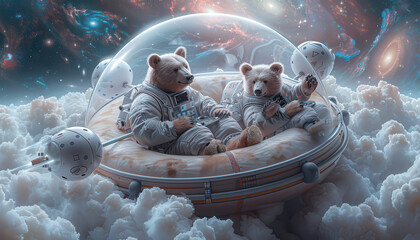 Wall Mural - Two bears are in a spaceship with a cloudy sky in the background