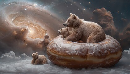 Wall Mural - A bear is sitting on a doughnut with two other bears