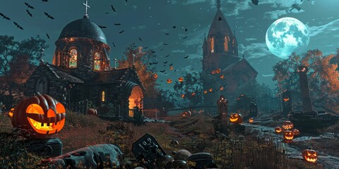 Wall Mural - Halloween Scene - Party Of Pumpkins And Zombies In Graveyard At Moonlight - Contain Moon 3D Rendering - Unrecognizable, Deformed And Church with Reassembled Parts - generative ai