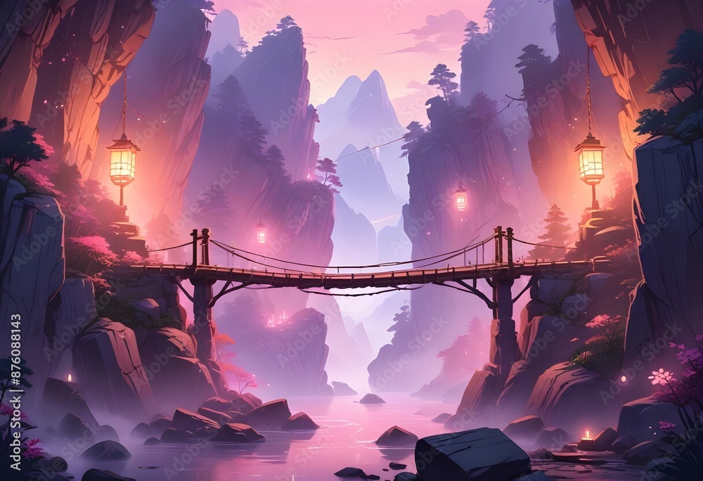 Isolated wood and ropes bridges in the mist between rocks in the ...