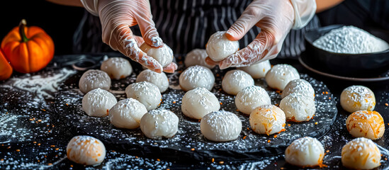 hands of cook serving a Mochi, a Japanese rice cake made from glutinous rice pounded into a sticky, chewy texture, filled with sweetened red bean paste, fruit, or ice cream