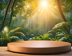 Poster -  Wooden product display podium set against a lush jungle background. Sunlight filters throug_1(304)