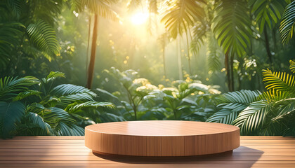 Poster -  Wooden product display podium set against a lush jungle background. Sunlight filters throug_1(306)