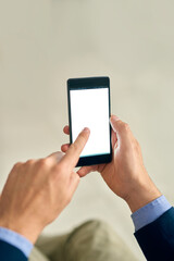 Poster - Business person, hands and phone screen with mockup space for online browsing, interaction or app at office. Closeup of employee or user on mobile smartphone display for touch, UI or UX at workplace