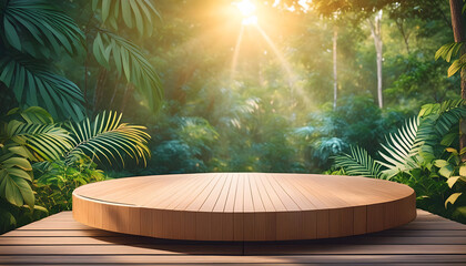 Poster -  Wooden product display podium set against a lush jungle background. Sunlight filters throug_1(309)