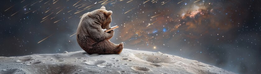 Wall Mural - a bear is sitting on a hill with a book in its paws