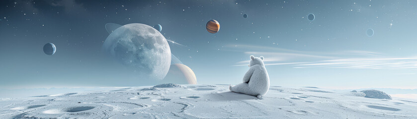 Wall Mural - a polar bear is sitting on a snowy surface in front of a backdrop of planets