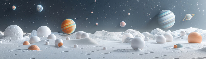 Wall Mural - a space scene with many planets and a white background