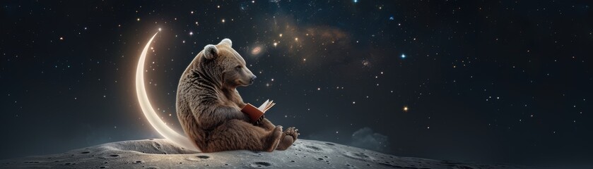 Wall Mural - a bear is sitting on a moon and reading a book