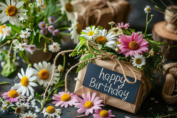 happy birthday greetings card with flowers, rustic style