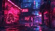 © flashmovie - Futuristic cityscape with neon pink and blue lights and a sleek pathway