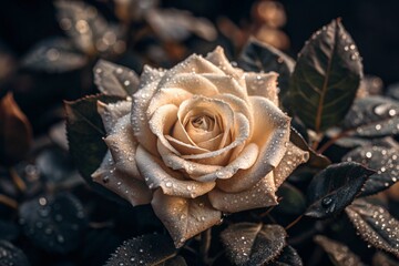 A cream rose of a beautiful coffee color or champagne color, covered with dew at dawn. Beautiful sunlight. The background image is made in green and beige tones. 